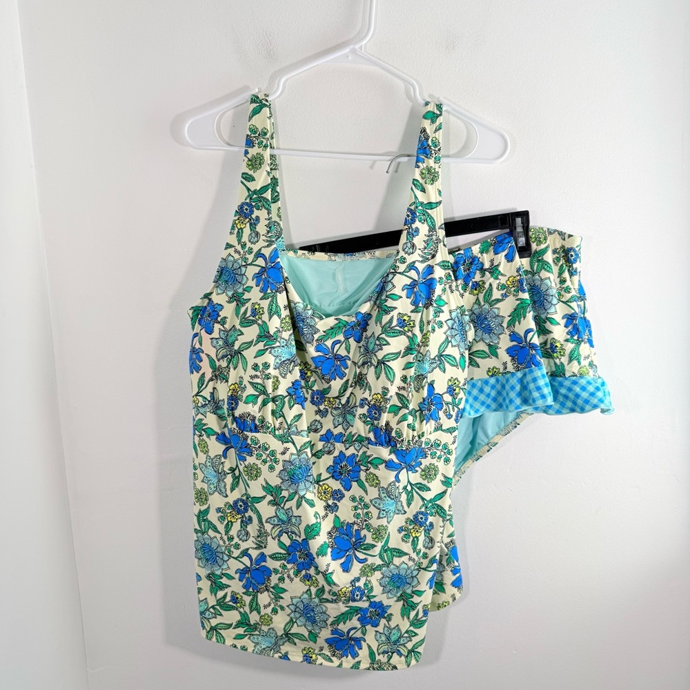 Lands’ End Yellow Blue Floral Gingham Tankini Ruffle Bottom Bikini Set 20